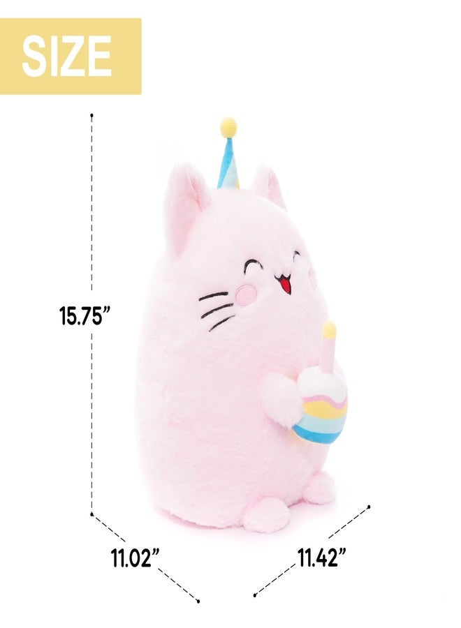 WEIGEDU Adorable Pink Birthday Cat Plush Toy Pillow with Party Hat & Birthday Cake - Soft, Huggable, for Kids and Collectors, 15.75 inches - Image 2